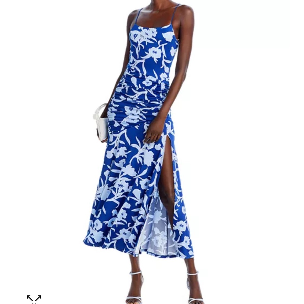 Aqua Blue and White Backless Slit Midi Dress